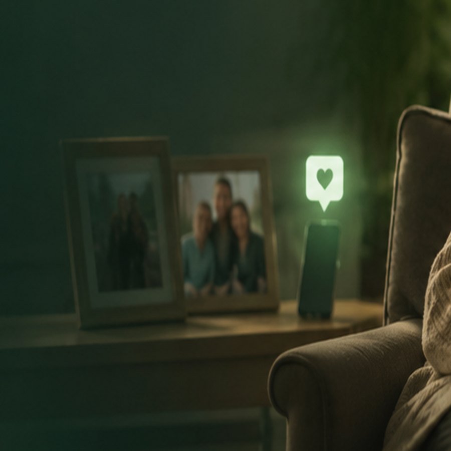 Sideboard mit gerahmten Familienfotos in einem warm beleuchteten Wohnzimmer