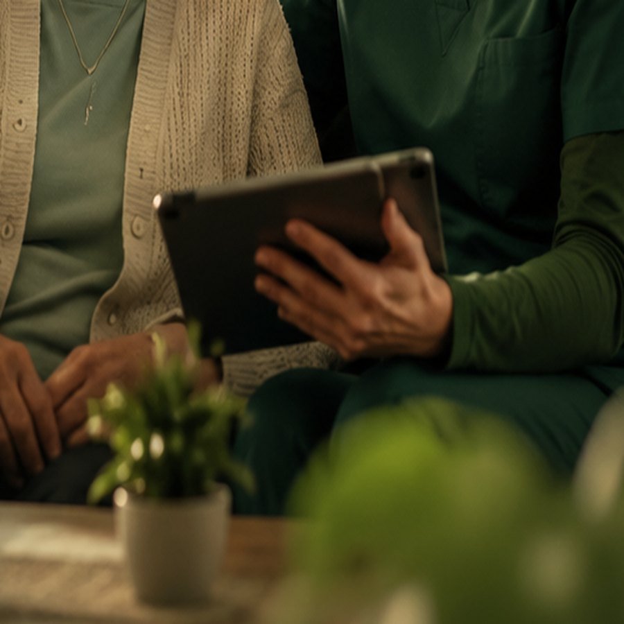 Nahaufnahme: eine Pflegekraft hält ein Tablet, daneben sitzt die ältere Frau