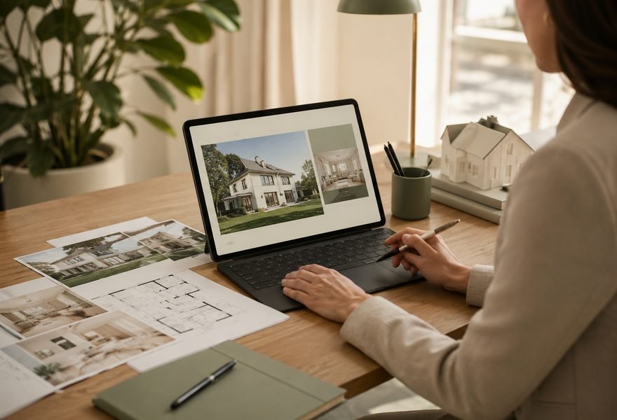 Maklerin arbeitet am Laptop an einem Immobilien-Exposé