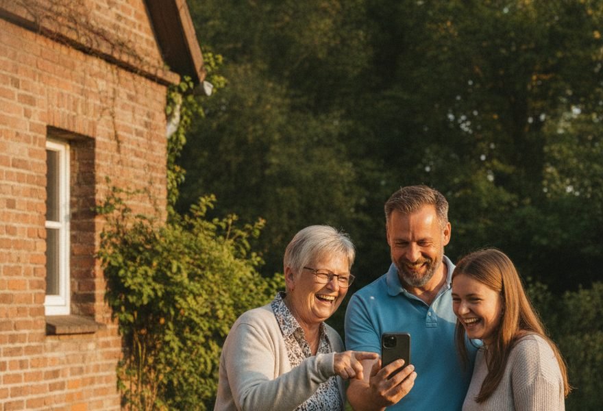 Drei Generationen eines Vereins schauen gemeinsam aufs Handy vor dem Vereinsheim