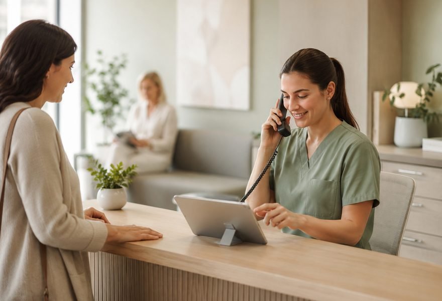 Praxismitarbeiterin am Empfang telefoniert, eine Patientin wartet