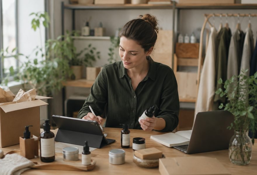 Händlerin schreibt Produkttexte für ihren Onlineshop
