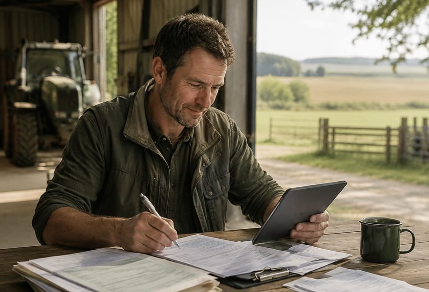 Landwirt füllt am Tablet Formulare aus, dahinter der Hof