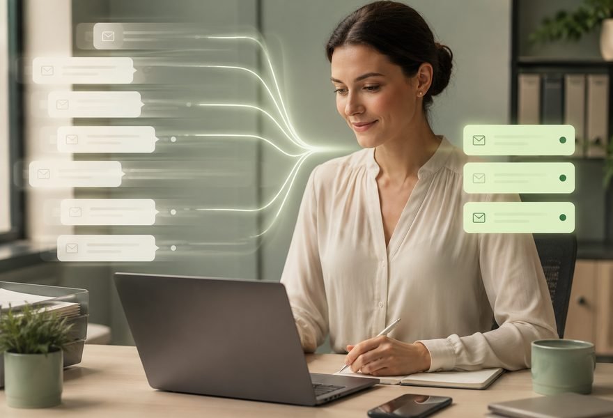 Büroangestellte sortiert am Laptop ein volles Postfach