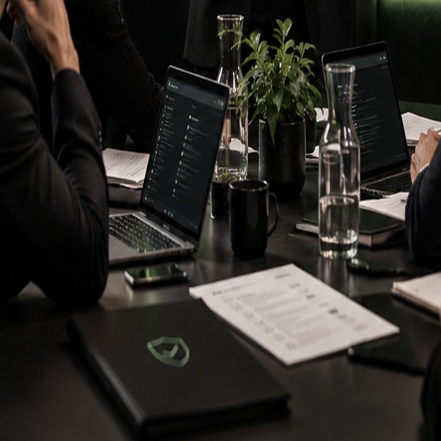 Besprechungstisch mit Unterlagen, Laptop und einer Mappe mit Prüfsiegel