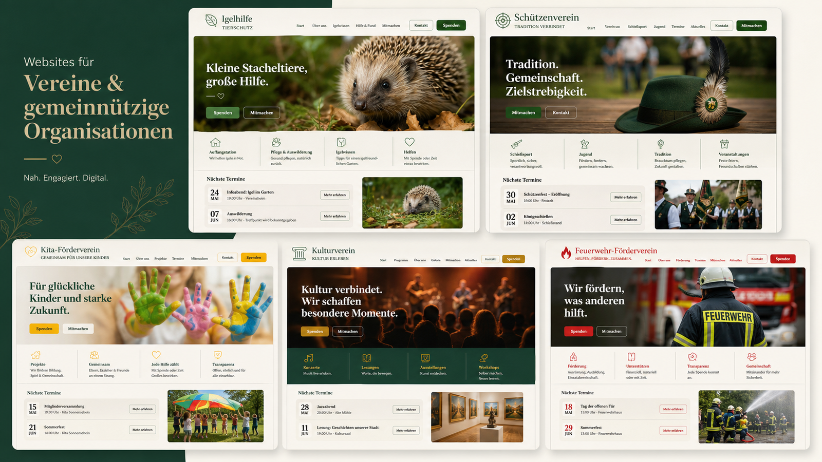 Beispielhafte Landingpages für Igelhilfe, Schützenverein, Kita-Förderverein, Kulturverein und Feuerwehr-Förderverein