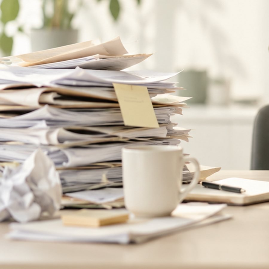 Ein hoher Stapel Papier, Haftnotizen, eine Kaffeetasse und ein Notizbuch auf dem Schreibtisch