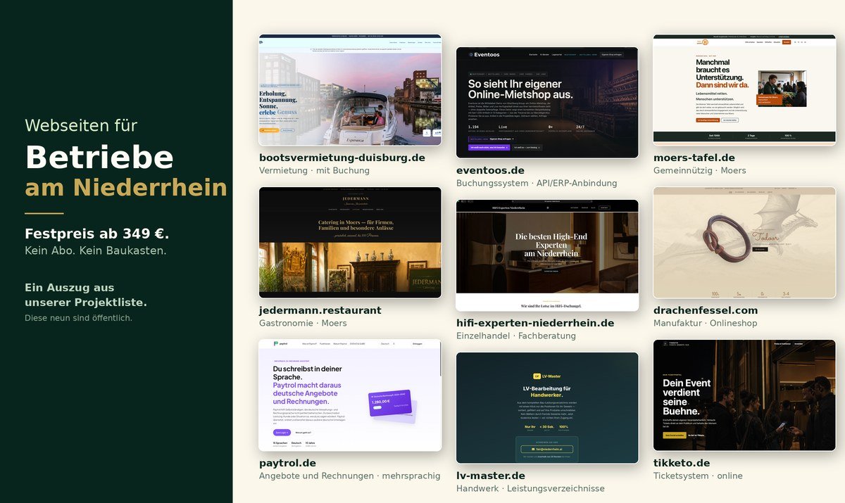 Collage aus neun echten Webseiten, die Niederrhein.ai für Betriebe gebaut hat