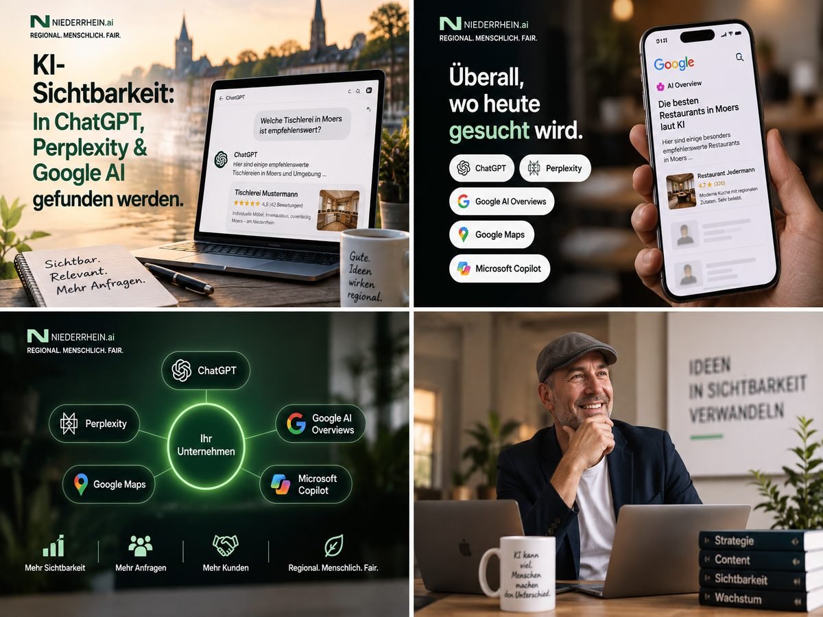 Collage: KI-Sichtbarkeit in ChatGPT, Perplexity und Google AI — Laptop, Handy und Schaubild mit den Antwort-Systemen