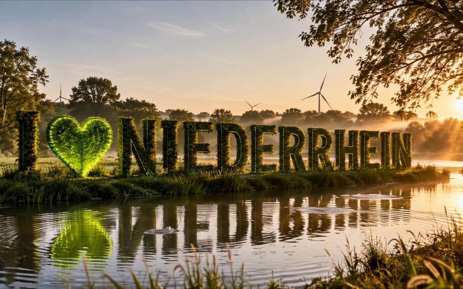 Morgenstimmung am Niederrhein: eine Heckenskulptur mit dem Schriftzug „I ♥ Niederrhein“ am Wasser, dahinter Windräder im Nebel