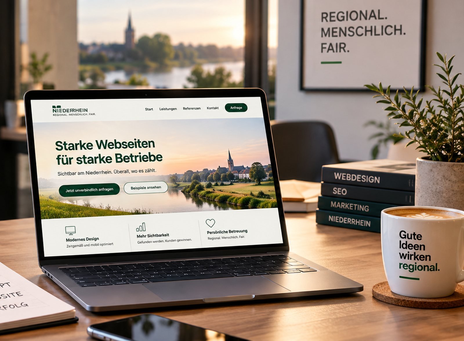 Ein Laptop mit einer Betriebswebseite auf einem Holztisch, daneben Bücher und eine Tasse — im Fenster der Niederrhein bei Abendlicht