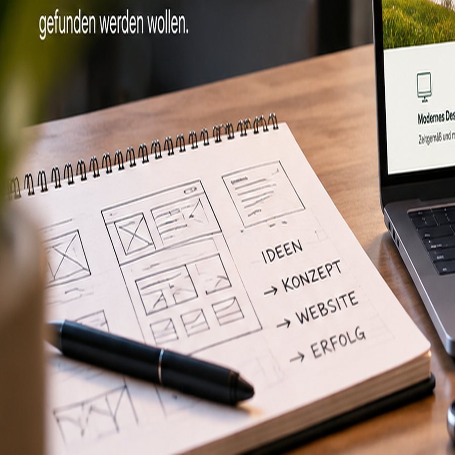 Skizzenbuch mit Webseiten-Entwürfen und der Notiz: Ideen, Konzept, Website, Erfolg